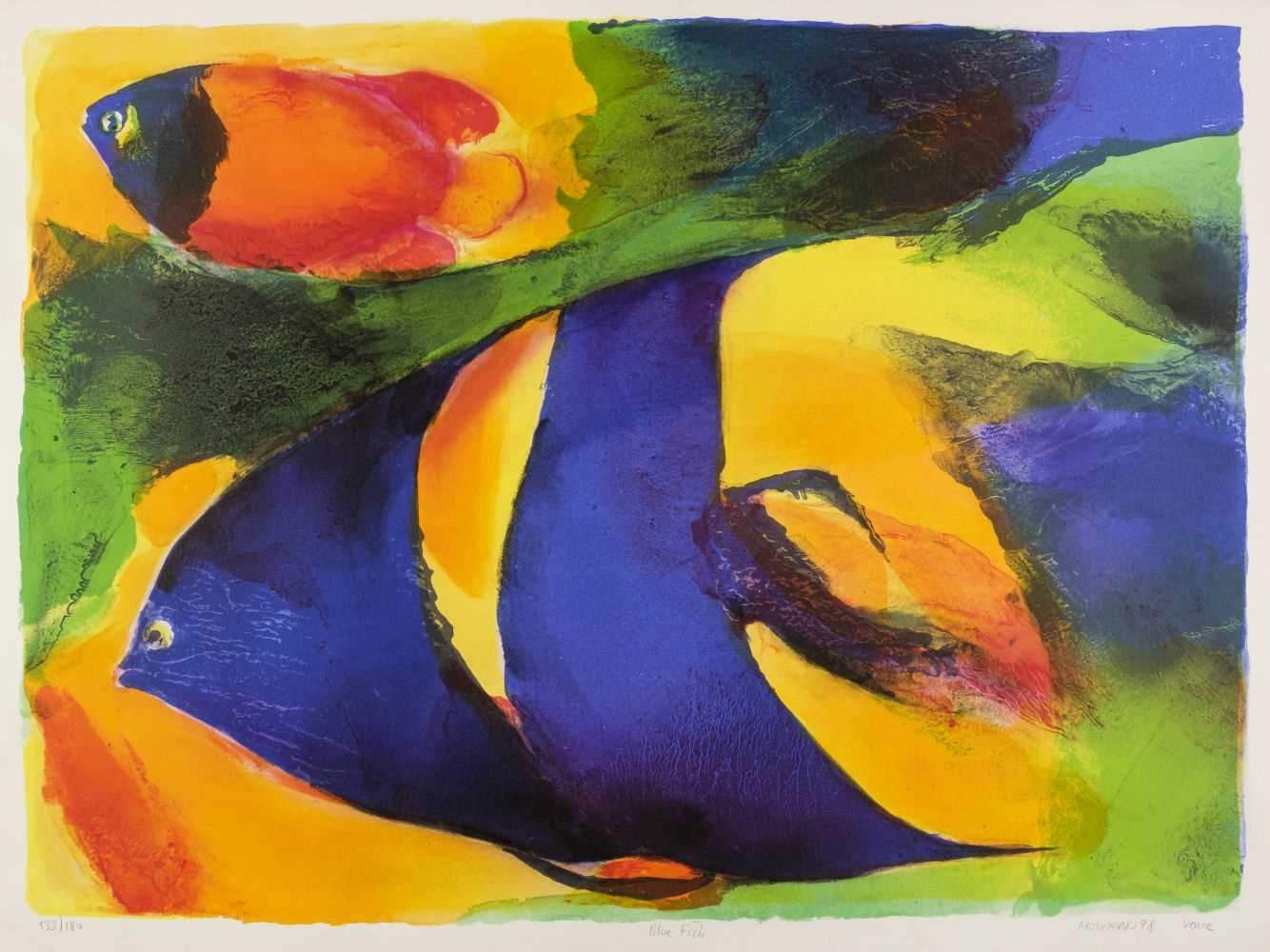 Artwork by Joumana Mourad, Blue Fish, Made of colour screenprint on BFK Rives handmade paper
