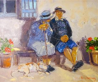 Le couple sur un banc et leur chien ou "de notre temps..." - André Deymonaz
