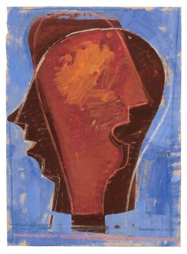 Profil nach rechts und nach links, übereinander vor blauem Grund by Hermann Glöckner, 1952