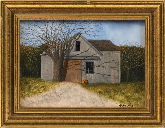 Barn and a jack-o'-lantern. by Marieluise Hutchinson