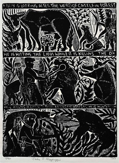 A Boy is Looking After the Herd of Cattle in Forest by John Ndevasia Muafangejo, 1969