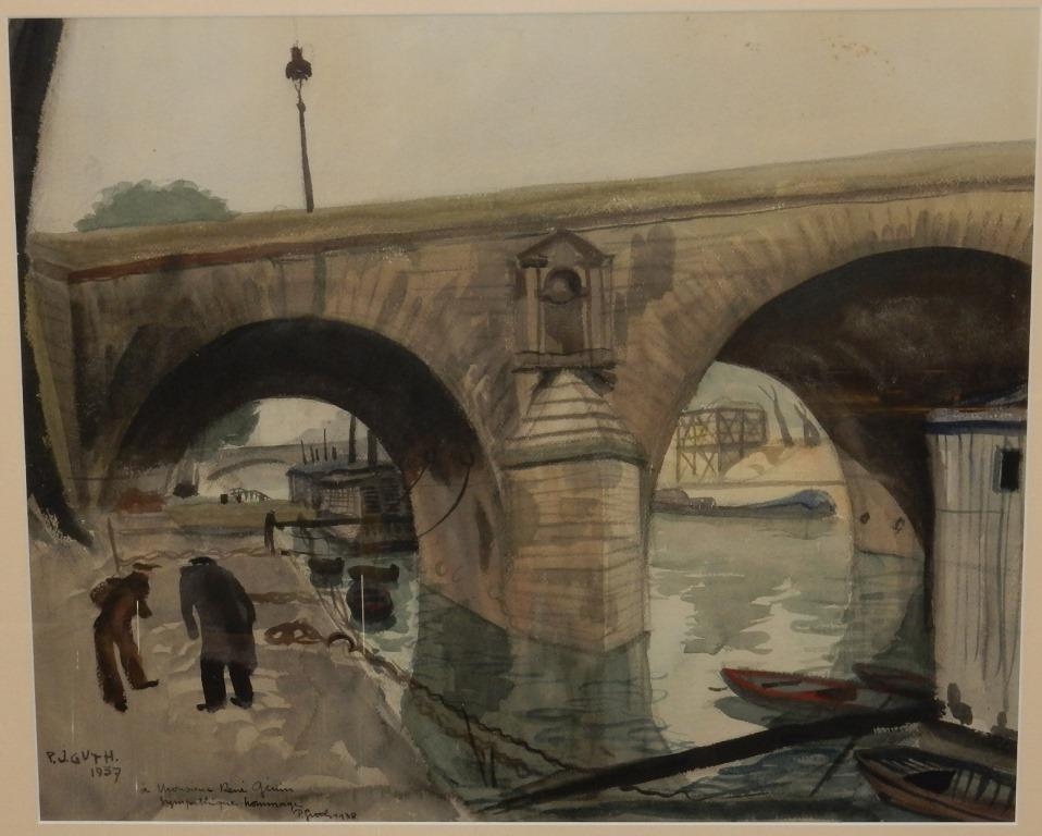 Artwork by P. J. Guth, Péniches et pont, Made of Mixed media on paper