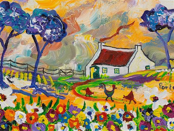 Portchie | Landscape with Farmhouse & 3 Blue Trees | MutualArt