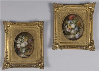 Two Works: Bouquets of flowers in carved stone vases resting on an entablature - Antoine Margry