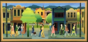 A vibrant street scene featuring stylized figures walking past colorful buildings.