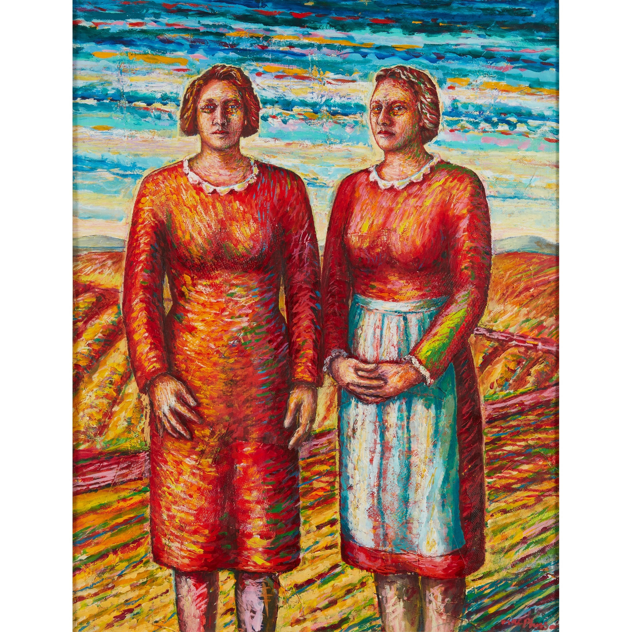 Artwork by Neil MacPherson, THE SISTERS IN A FARAWAY PLACE - 1989, Made of oil on board with collaged