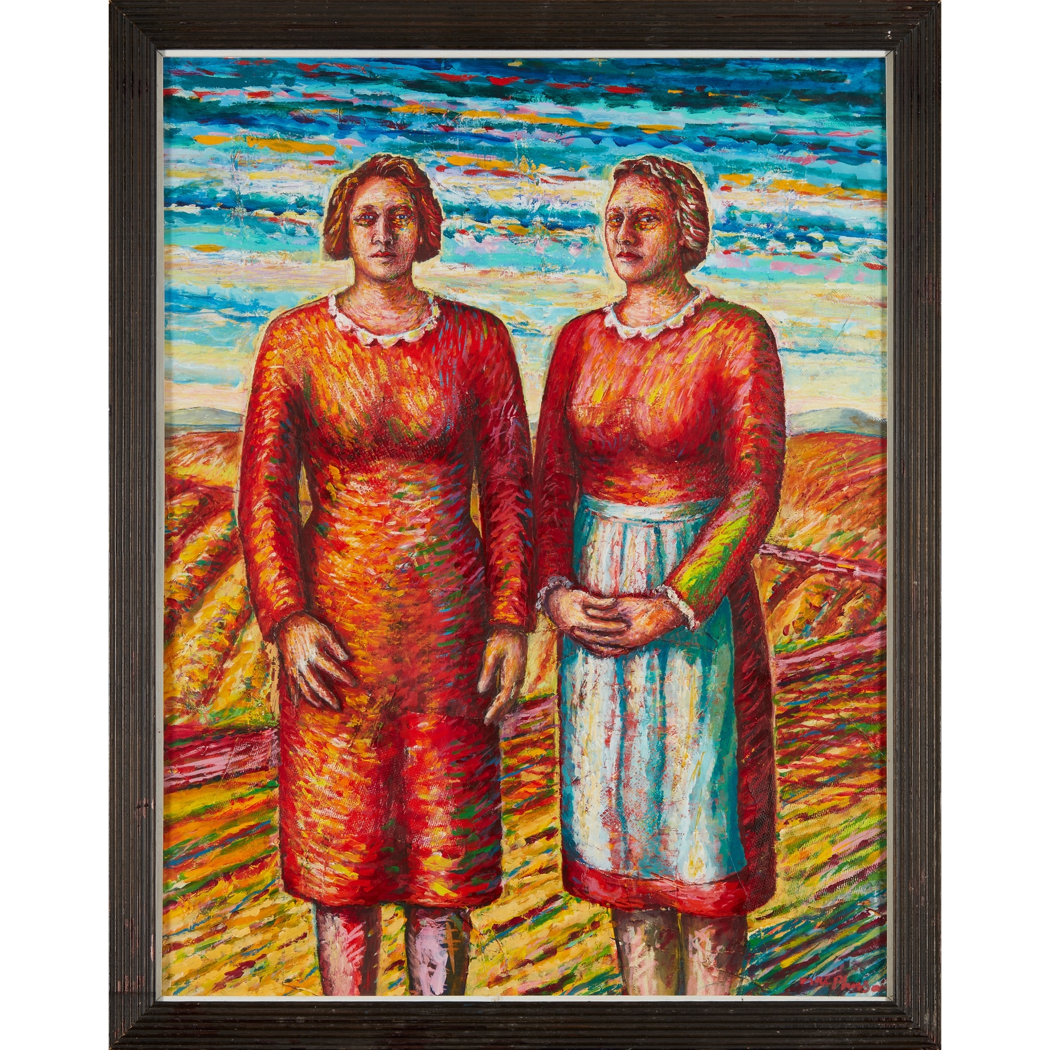 Artwork by Neil MacPherson, THE SISTERS IN A FARAWAY PLACE - 1989, Made of oil on board with collaged