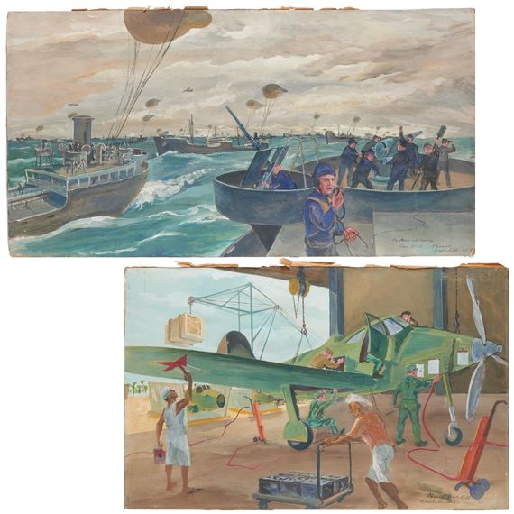 Two works: "Plane Assembly, Iran" and "Tankers in Convoy, Gun Drill by Bruce Handiside Mitchell