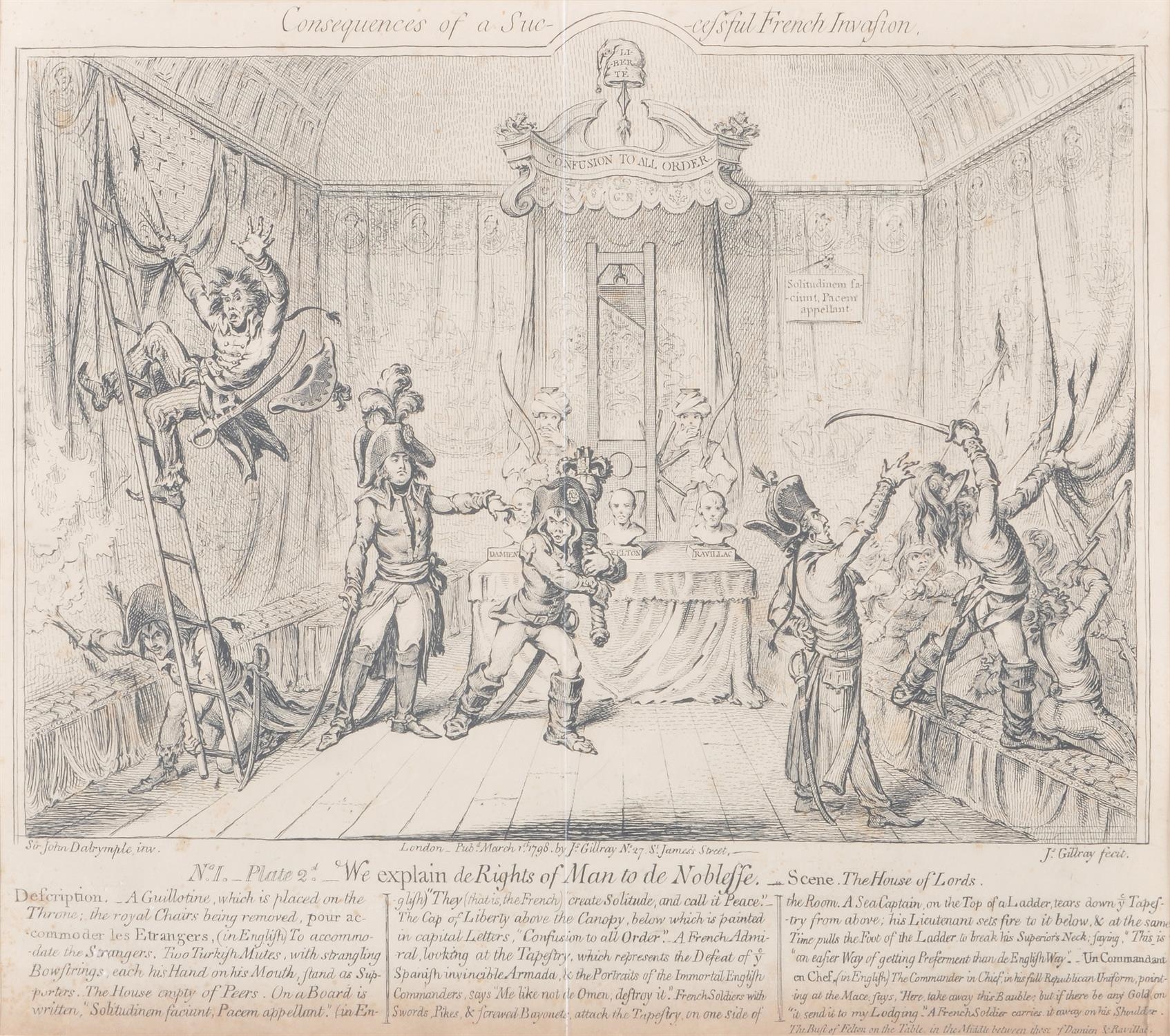 Artwork by James Gillray, All showing signs of browning and spotting from sunlight exposure. paper cockling throughout, Made of engraved prints