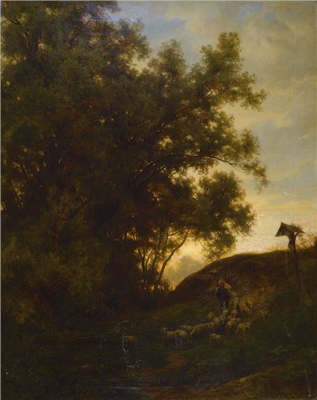 Schäfer with his flock in the evening forest landscape by Otto Sinding, dated 1871