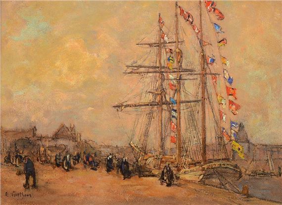 harbor view with staffage - E. Sarrthien