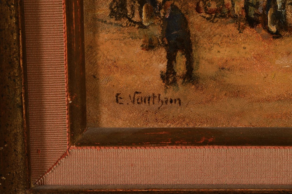 Artwork by E. Sarrthien, harbor view with staffage, Made of oil / plate