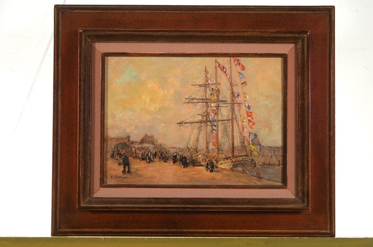 Artwork by E. Sarrthien, harbor view with staffage, Made of oil / plate