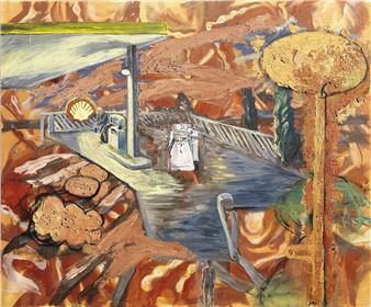 A surreal landscape featuring a gas station and a figure in a desert-like setting.