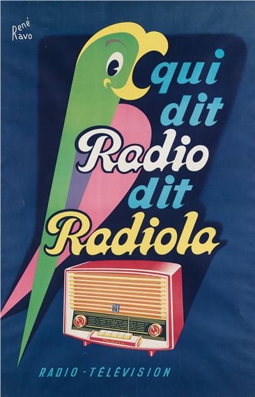A vibrant mid-century graphic poster featuring a stylized parrot and a vintage radio against a deep blue background.