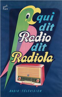 A vibrant mid-century graphic poster featuring a stylized parrot and a vintage radio against a deep blue background.
