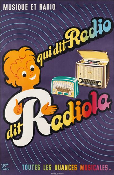A vibrant retro advertisement featuring a cheerful cartoon figure and vintage radios against a purple background with concentric wave lines.