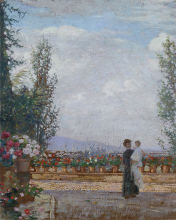 DONNA CON BAMBINO SULLA TERRAZZA by Francesco Gioli, 1903
