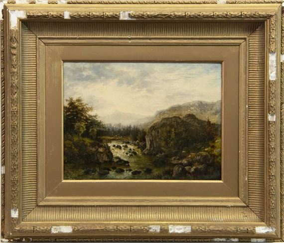 A landscape painting of a river flowing through a rocky valley framed by an ornate golden frame.