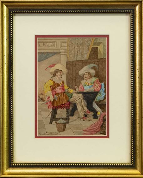 A PAIR OF WATERCOLOURS BY GEORGE CRUIKSHANK, CAVALIERS IN INTERIOR GENRE SCENES by George Cruikshank, 1819