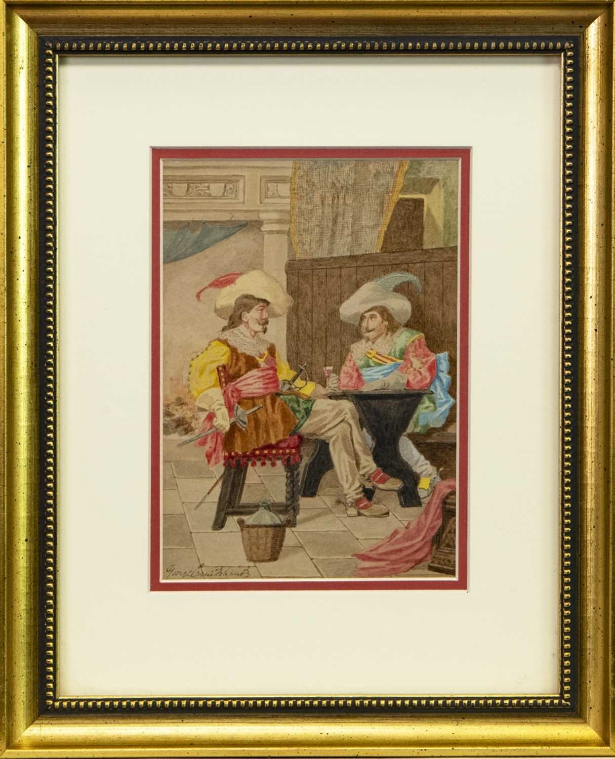 Artwork by George Cruikshank, A PAIR OF WATERCOLOURS BY GEORGE CRUIKSHANK, CAVALIERS IN INTERIOR GENRE SCENES, Made of a pair of watercolours on paper