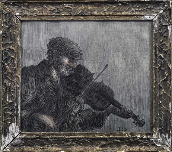 A monochromatic sketch of a bearded figure playing a violin, framed by a rough, textured border.