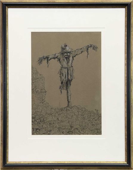 A haunting charcoal sketch of a ragged scarecrow standing amidst rubble.