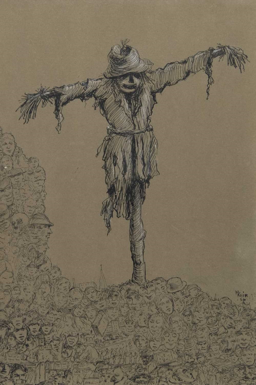 A haunting charcoal sketch of a ragged scarecrow standing amidst rubble.
