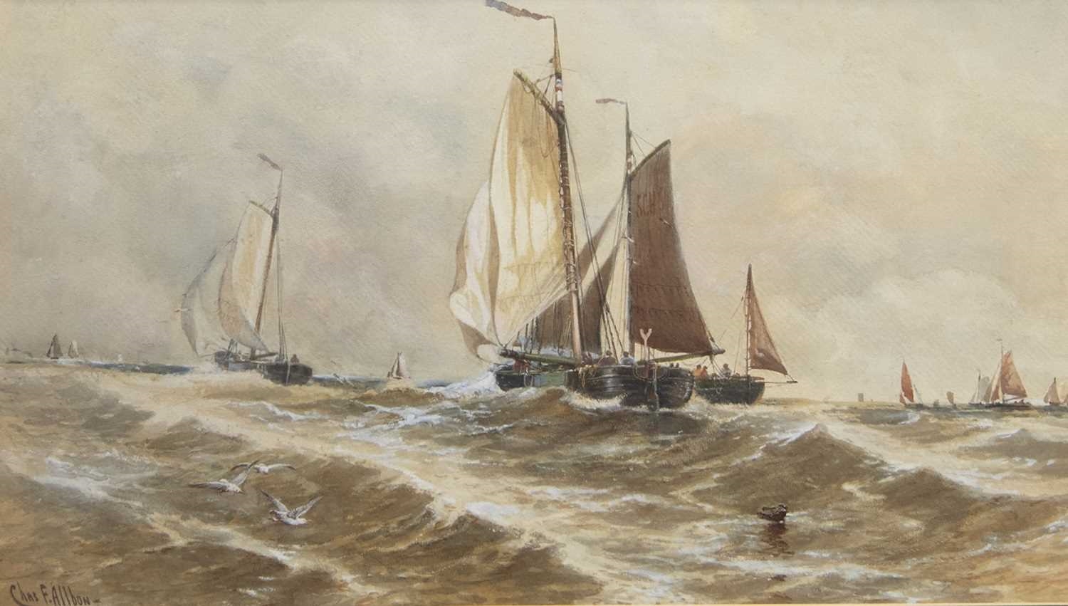 Artwork by Charles Frederick Allbon, FISHING BOATS OFF THE COAST, Made of watercolour on paper