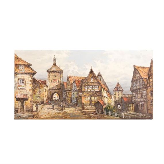 A painterly depiction of a historic European town square with timber-framed buildings and a stone archway.