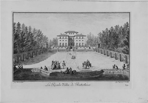 Four works: Veduta del ponte a San Piero a Sieve; La Real Villa di Lappeggi; La Real Villa di Pratolino; Veduta di paese dalla Villa di Loretino by Giuseppe Zocchi, Johann Sebastian Müller, published 1744-1757