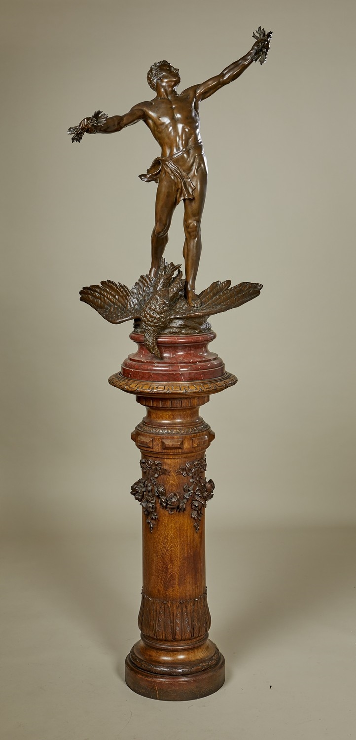 Artwork by Jean Jules Cambos, A FRENCH PATINATED BRONZE FIGURE OF PROMETHEUS, ON PEDESTAL, Made of PATINATED BRONZE