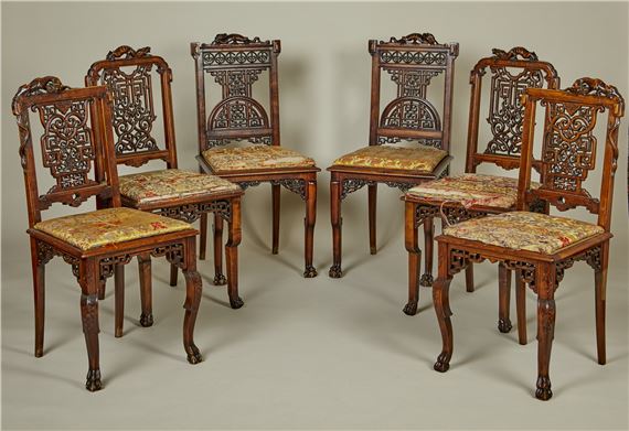 SIX FRENCH STAINED BEECH JAPONISME SIDE CHAIRS by Gabriel Viardot, LATE 19TH CENTURY