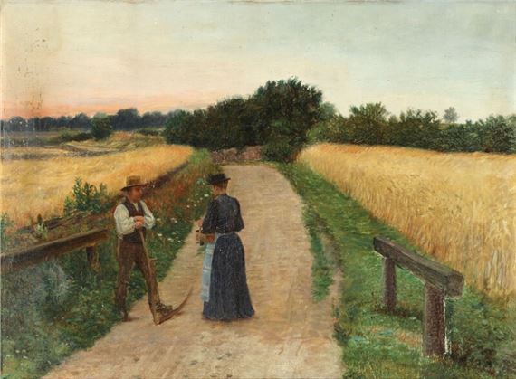 Harvest scene with two people in conversation by Cilius Andersen