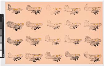 A grid of twenty pencil sketches of vintage airplanes on a peach background.