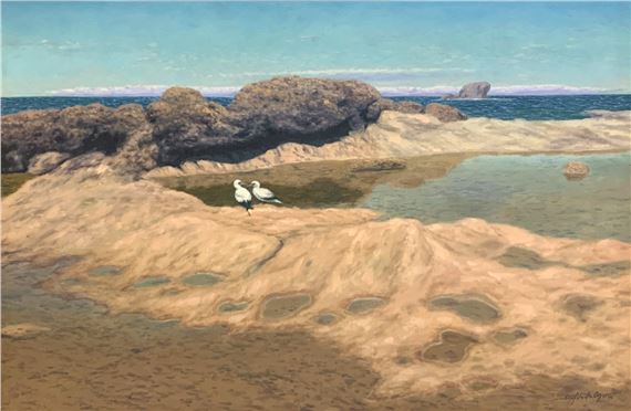 Coastal Pool with Ocean in the Distance and Shorebirds by Amado Hidalgo, 1996