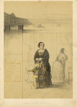 Artwork by Francisco Sainz y Pinto , PERSONAGGI CON TAUROMACHIA SULLO SFONDO, Made of Graphite pencil and colored pencils on cardboard.