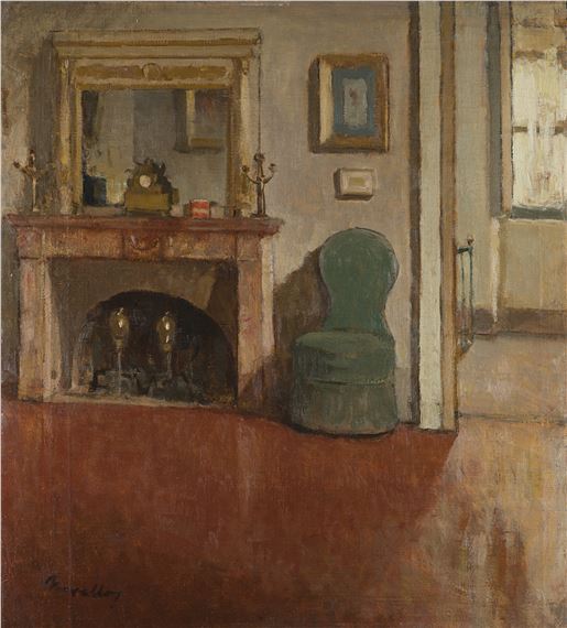 A muted interior scene featuring a fireplace, a green chair, and a mirror against a textured wall.