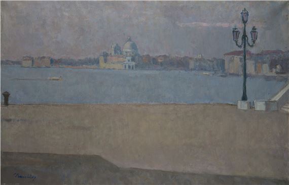 "A muted, atmospheric view of a waterfront cityscape with a prominent domed building in the distance."