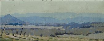 A muted landscape painting of distant mountains and a foreground field with weathered wooden posts.