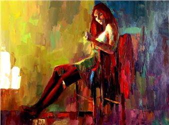 A vibrant, impressionistic portrait of a seated figure in warm light.