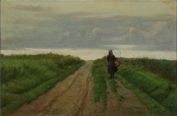 A woman carrying a basket walking along a country road by Cilius Andersen, 1888