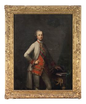 A formal portrait of a person in an ornate red coat standing beside a small table with books.