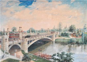Adelaide City Bridge, Torrens River towards the Cathedral c.1930 - Albert Victor Adlam