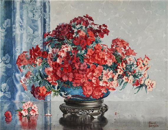 A vibrant floral still life featuring a lush bouquet of red and pink flowers in a blue bowl.
