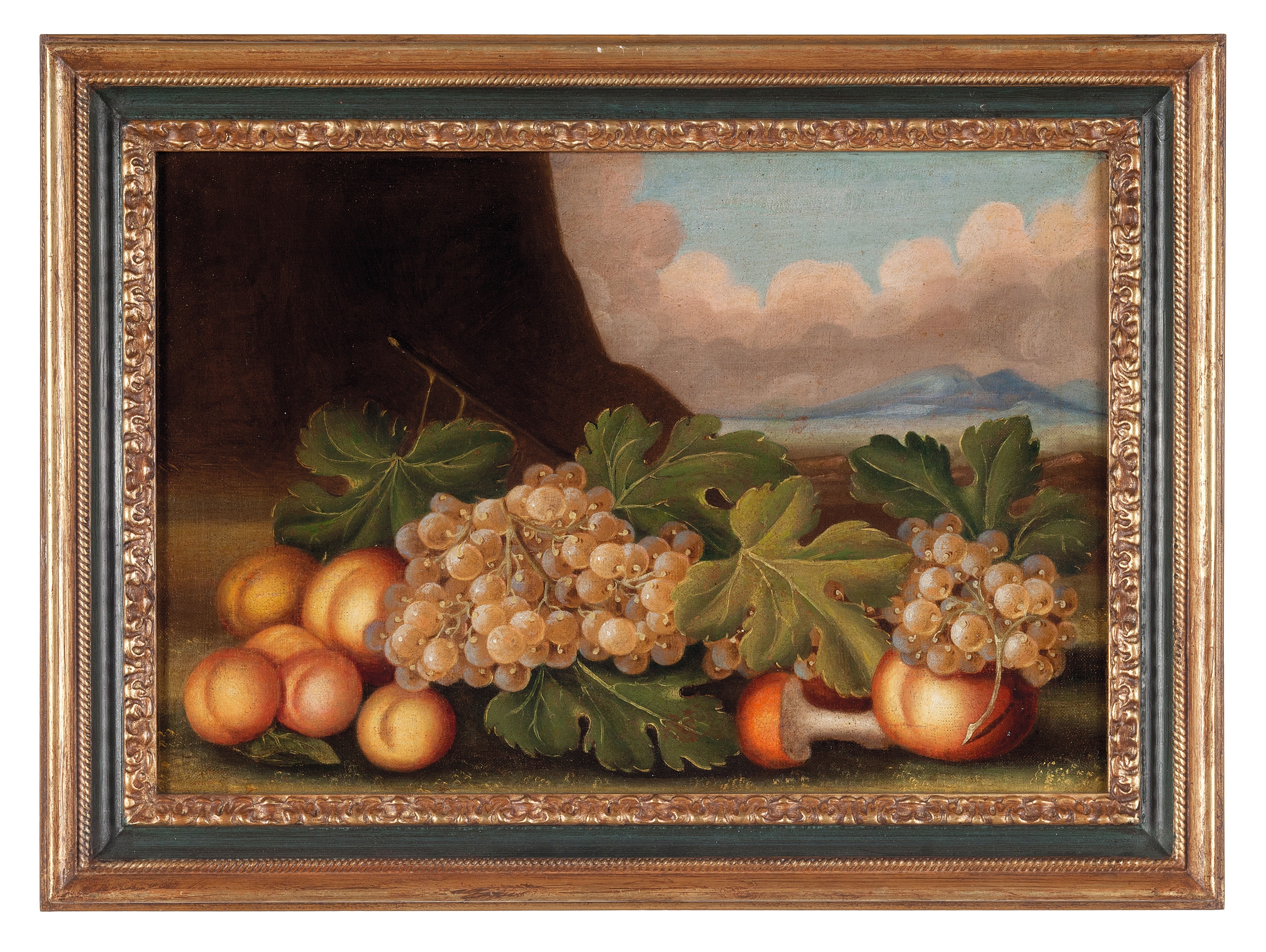Artwork by Francesco Malagoli, Two Works: Natura morta con uva, pesche e funghi; Natura morta con uva, pere e mele, Made of oil on canvas