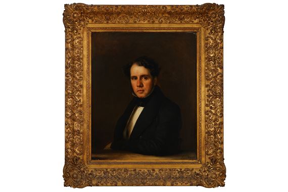 Portrait of a gentleman, seated, bust length, wearing a black coat and a black tied stock by Louis Pierre Spindler, 1834