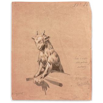 A detailed charcoal drawing of a goat sitting on a rock.