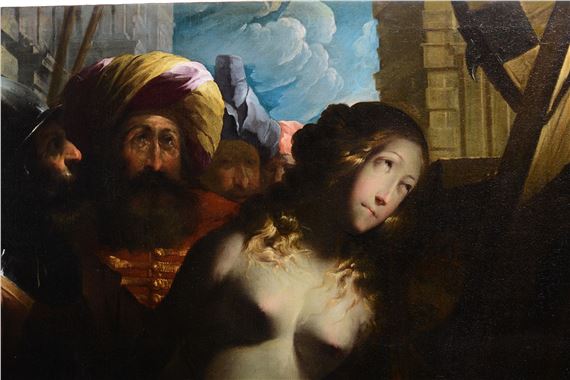 A dramatic Baroque-style painting featuring a nude woman and a bearded man in a turban, rendered with intense chiaroscuro lighting.