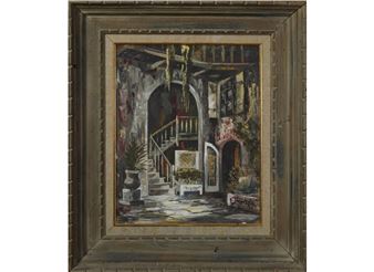 A moody interior scene of a rustic staircase in an old building.